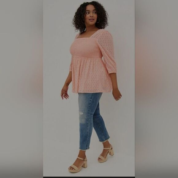 Torrid  Women 2 18/20 Voile Eyelet Cottagecore Peach Smocked Babydoll Top - Picture 1 of 12